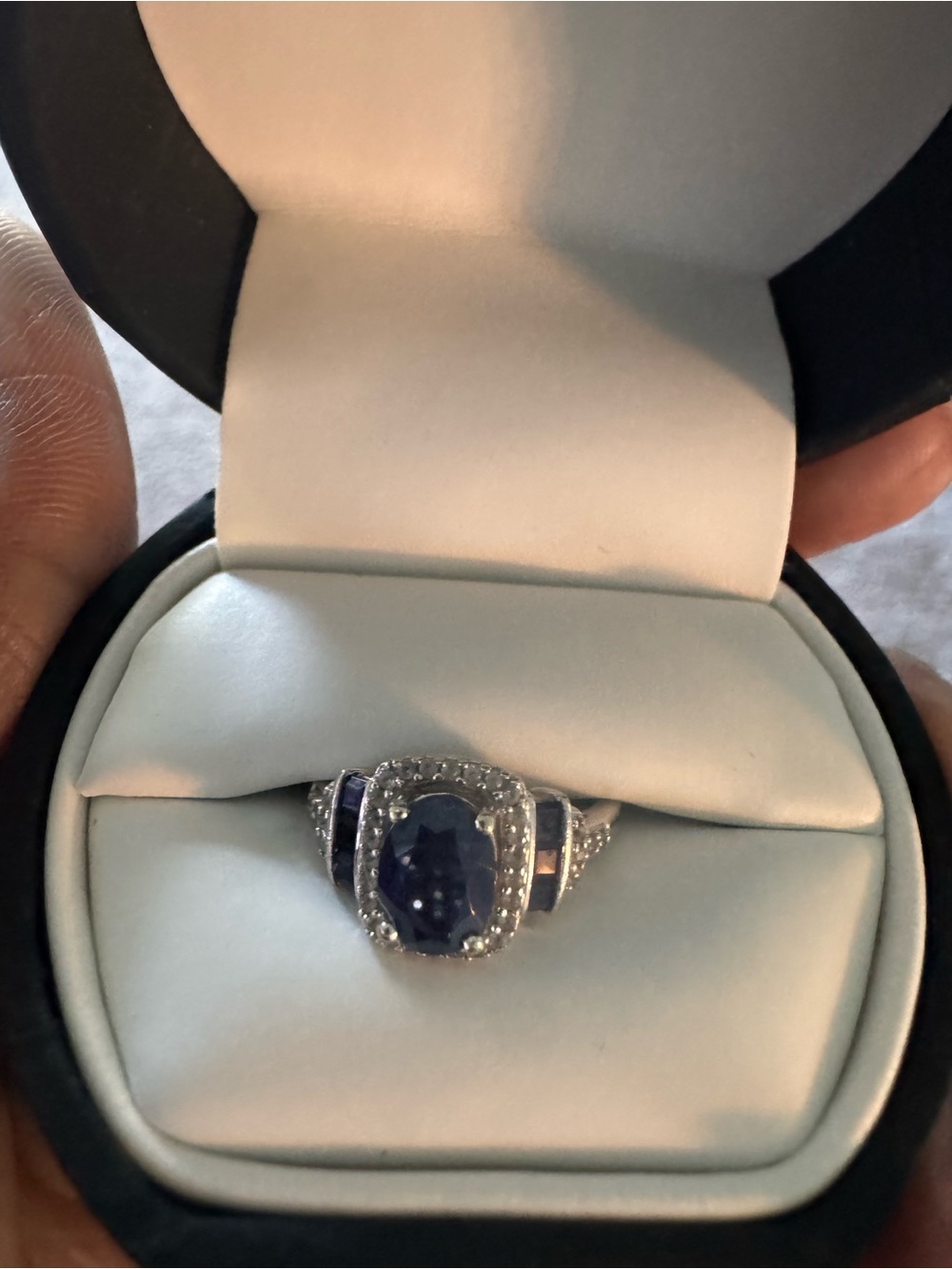Elegant Blue Sapphire Halo Statement Ring - Women Jewelry10kt white gold